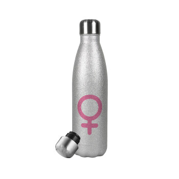 FEMALE, Μεταλλικό παγούρι θερμός Glitter Aσημένιο (Stainless steel), διπλού τοιχώματος, 500ml