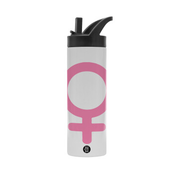 FEMALE, Metallic thermos bottle with straw & handle, stainless steel (Stainless steel 304), double-walled, 600ml.