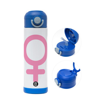 FEMALE, Children's hot water bottle, stainless steel, with safety straw, BLUE (500ml)