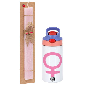 FEMALE, Easter Set, Children's thermal stainless steel water bottle with safety straw, pink/purple (350ml) & Easter scented flat candle (30cm) (PINK)