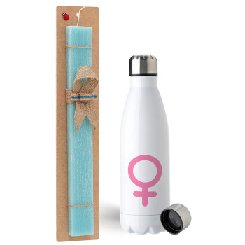 FEMALE, Easter Set, metallic stainless steel water bottle (750ml) & aromatic flat Easter candle (30cm) (TURQUOISE)