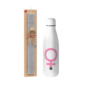 FEMALE, Easter Set, metallic stainless thermos bottle (500ml) & scented flat Easter candle (30cm) (GRAY)