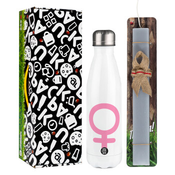 FEMALE, Easter candle, metallic white thermos bottle (500ml) & aromatic flat candle (30cm) (GRAY)