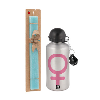 FEMALE, Easter Set, metallic silver aluminum water bottle (500ml) & scented flat Easter candle (30cm) (TURQUOISE)