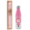 Easter Set, Metallic pink/white (Stainless steel) thermos, double-walled, 500ml & aromatic flat Easter candle (30cm) (PINK)