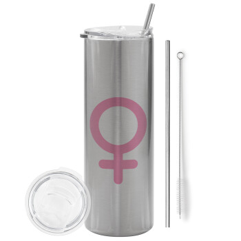 FEMALE, Eco friendly ποτήρι θερμό Ασημένιο (tumbler) από ανοξείδωτο ατσάλι 600ml, με μεταλλικό καλαμάκι & βούρτσα καθαρισμού