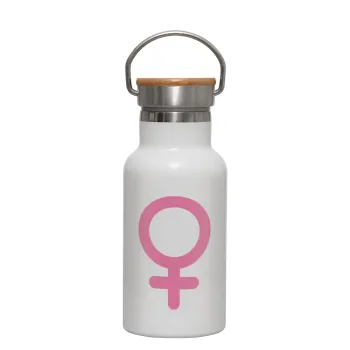 FEMALE, Metallic thermos (Stainless steel) White with wooden lid (bamboo), double-walled, 350ml