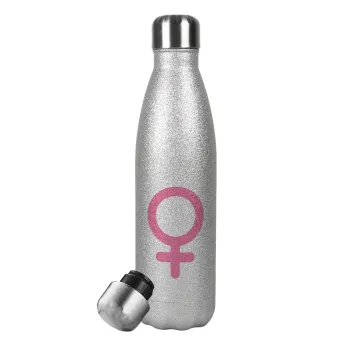 FEMALE, Μεταλλικό παγούρι θερμός Glitter Aσημένιο (Stainless steel), διπλού τοιχώματος, 500ml