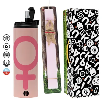 FEMALE, Easter candle,Travel Tumbler 2 Lids, with metal straw & cleaning brush & aromatic flat candle (30cm) (PINK)