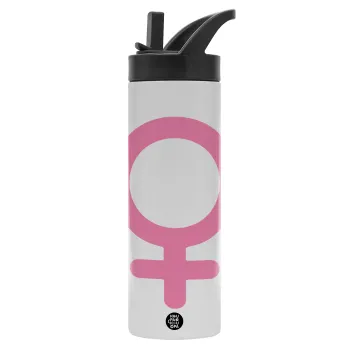FEMALE, Metallic thermos bottle with straw & handle, stainless steel (Stainless steel 304), double-walled, 600ml.
