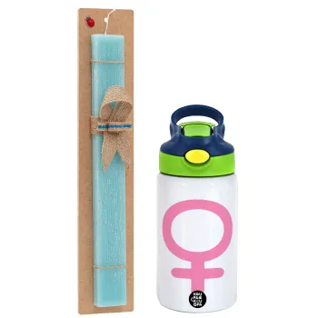 FEMALE, Easter Set, Children's thermal stainless steel bottle with safety straw, green/blue (350ml) & aromatic flat Easter candle (30cm) (TURQUOISE)