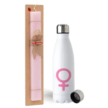 FEMALE, Easter Set, metallic stainless steel water bottle (750ml) & scented flat Easter candle (30cm) (PINK)
