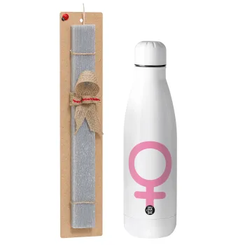 FEMALE, Easter Set, metallic stainless thermos bottle (500ml) & scented flat Easter candle (30cm) (GRAY)