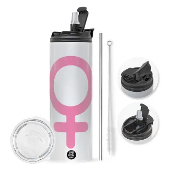 FEMALE, Travel Tumbler θερμό με διπλό καπάκι, μεταλλικό καλαμάκι και βούρτσα καθαρισμού (Ανωξείδωτο 304 Food grade, BPA free, 600ml)