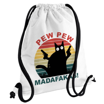 PEW PEW madafakas, Τσάντα πλάτης πουγκί GYMBAG λευκή, με τσέπη (40x48cm) & χονδρά κορδόνια