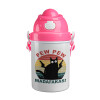 PEW PEW madafakas, Ροζ παιδικό παγούρι πλαστικό (BPA-FREE) με καπάκι ασφαλείας, κορδόνι και καλαμάκι, 400ml