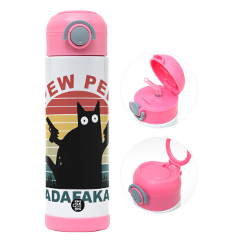 PEW PEW madafakas, Children's hot water bottle, stainless steel, with safety straw, PINK (500ml)