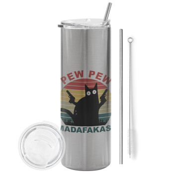 PEW PEW madafakas, Eco friendly stainless steel Silver tumbler 600ml, with metal straw & cleaning brush