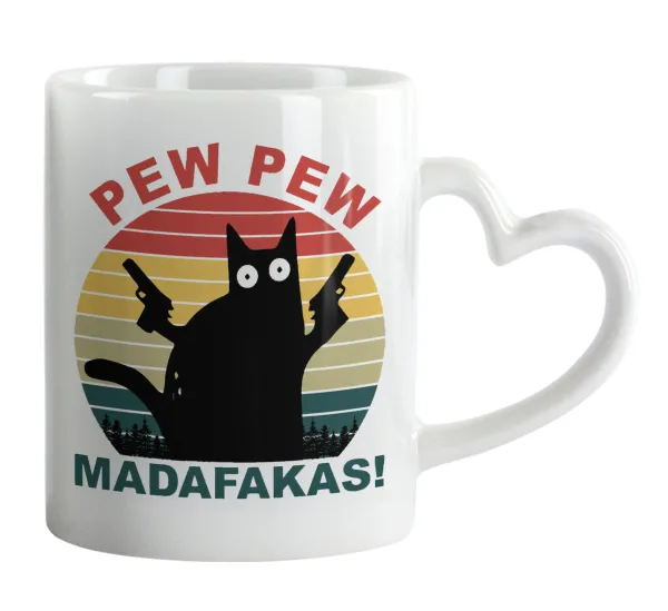 PEW PEW madafakas — Κούπα καρδιά χερούλι λευκή, κεραμική, 330ml