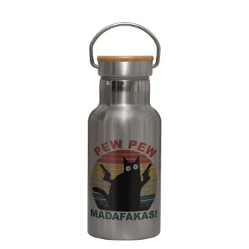 PEW PEW madafakas, Stainless steel metallic thermos flask, silver with a bamboo lid, double-walled, 350ml.