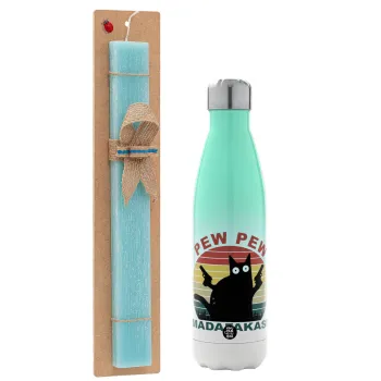 PEW PEW madafakas, Easter Set, Metallic green/white thermos (Stainless steel), double-walled, 500ml & scented flat Easter candle (30cm) (TURQUOISE)