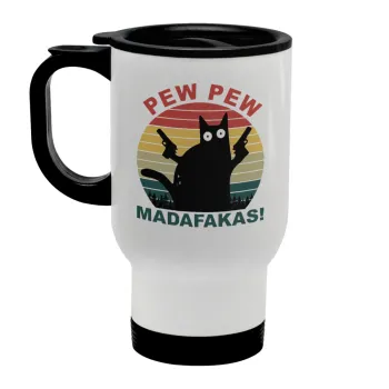 PEW PEW madafakas, Κούπα ταξιδιού ανοξείδωτη με καπάκι, διπλού τοιχώματος (θερμό) λευκή 450ml