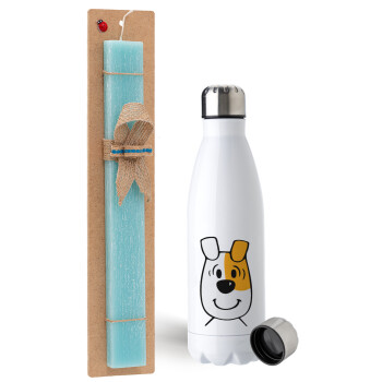 reksio bolek i lolek, Easter Set, metallic stainless steel water bottle (750ml) & aromatic flat Easter candle (30cm) (TURQUOISE)