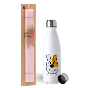 reksio bolek i lolek, Easter Set, metallic stainless steel water bottle (750ml) & scented flat Easter candle (30cm) (PINK)