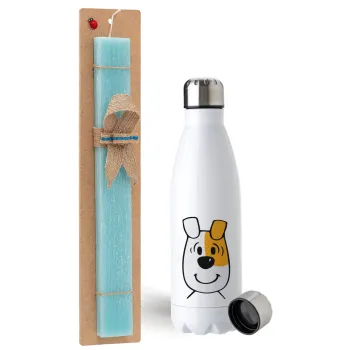 reksio bolek i lolek, Easter Set, metallic stainless steel water bottle (750ml) & aromatic flat Easter candle (30cm) (TURQUOISE)