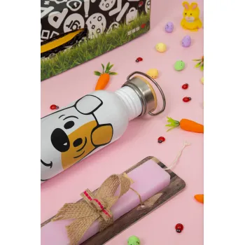 reksio bolek i lolek, Πασχαλινή Λαμπάδα με παγούρι μεταλλικό (620ml, stainless steel) & κερί αρωματικό πλακέ (30cm) (ΡΟΖ)