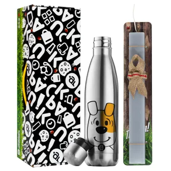 reksio bolek i lolek, Easter Set, metallic stainless thermos flask (500ml) & scented flat Easter candle (30cm) (GRAY)