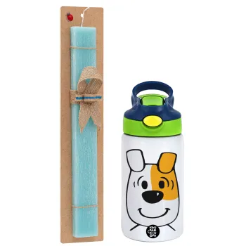 reksio bolek i lolek, Easter Set, Children's thermal stainless steel bottle with safety straw, green/blue (350ml) & aromatic flat Easter candle (30cm) (TURQUOISE)
