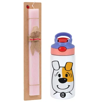 reksio bolek i lolek, Easter Set, Children's thermal stainless steel water bottle with safety straw, pink/purple (350ml) & Easter scented flat candle (30cm) (PINK)