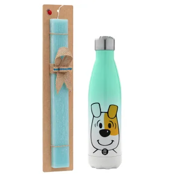 reksio bolek i lolek, Easter Set, Metallic green/white thermos (Stainless steel), double-walled, 500ml & scented flat Easter candle (30cm) (TURQUOISE)
