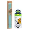 Easter Set, Children's thermal stainless steel bottle with safety straw, green/blue (350ml) & aromatic flat Easter candle (30cm) (TURQUOISE)