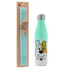 Easter Set, Metallic green/white thermos (Stainless steel), double-walled, 500ml & scented flat Easter candle (30cm) (TURQUOISE)