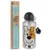Easter Set, metallic silver aluminum water bottle (500ml) & scented flat Easter candle (30cm) (TURQUOISE)