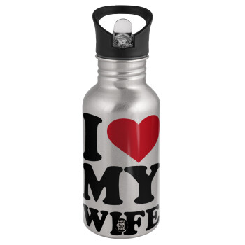 I Love my Wife, Water bottle Silver with straw, stainless steel 500ml