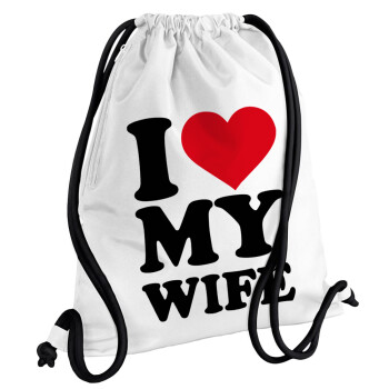 I Love my Wife, Τσάντα πλάτης πουγκί GYMBAG λευκή, με τσέπη (40x48cm) & χονδρά κορδόνια