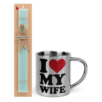 I Love my Wife, Easter Set, metallic thermal cup (300ml) & aromatic flat Easter candle (30cm) (TURQUOISE)