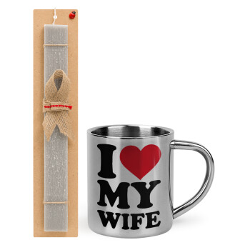 I Love my Wife, Easter Set, metallic thermal cup (300ml) & Easter aromatic flat candle (30cm) (GRAY)