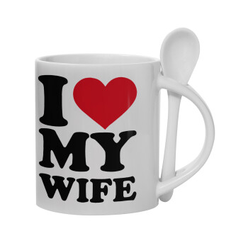 I Love my Wife, Ceramic coffee mug with Spoon, 330ml (1pcs)