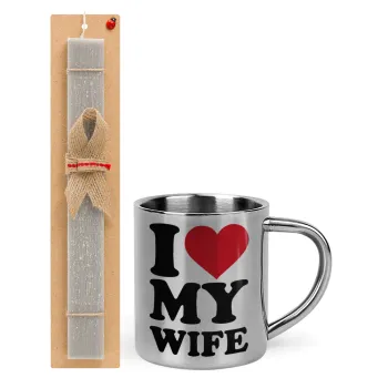 I Love my Wife, Easter Set, metallic thermal cup (300ml) & Easter aromatic flat candle (30cm) (GRAY)