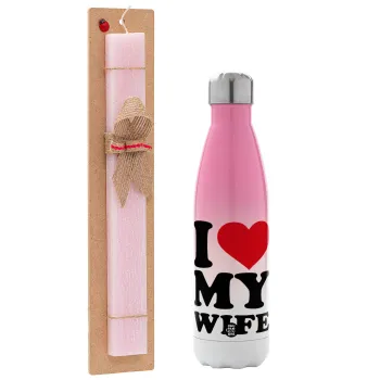 I Love my Wife, Easter Set, Metallic pink/white (Stainless steel) thermos, double-walled, 500ml & aromatic flat Easter candle (30cm) (PINK)