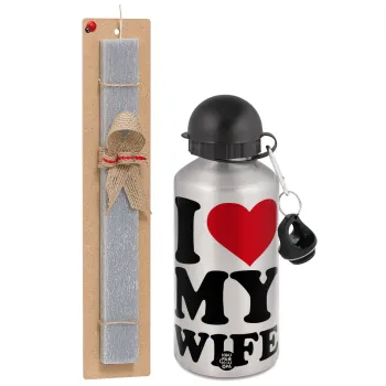 I Love my Wife, Easter Set, metallic silver aluminum water bottle (500ml) & aromatic flat Easter candle (30cm) (GRAY)