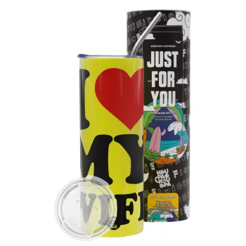 I Love my Wife, Neon Yellow Travel Tumbler θερμό, μεταλλικό καλαμάκι(Ανωξείδωτο 304 Food grade, BPA free, 600ml)