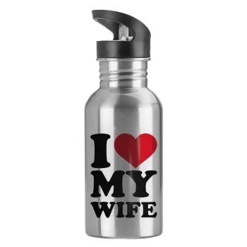 I Love my Wife, Water bottle Silver with straw, stainless steel 600ml