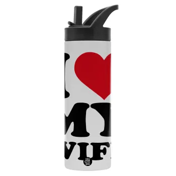 I Love my Wife, Metallic thermos bottle with straw & handle, stainless steel (Stainless steel 304), double-walled, 600ml.