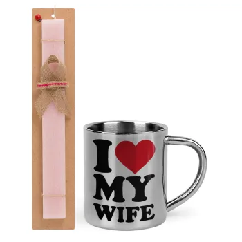 I Love my Wife, Easter Set, metallic thermal cup (300ml) & aromatic flat Easter candle (30cm) (PINK)