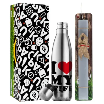 I Love my Wife, Πασχαλινή Λαμπάδα με μεταλλικό παγούρι θερμός ανοξείδωτο (500ml) & κερί αρωματικό πλακέ (30cm) (ΓΚΡΙ)